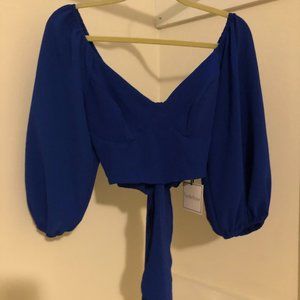 (2 PIECE SET) Premier Amour Blue Two-Piece Matching Crop Top Pants Set Size S
